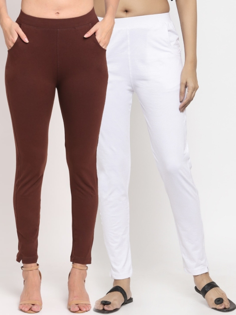 

NEUDIS Women Pack Of 2 Solid Slim-Fit Ankle-Length Leggings, Brown