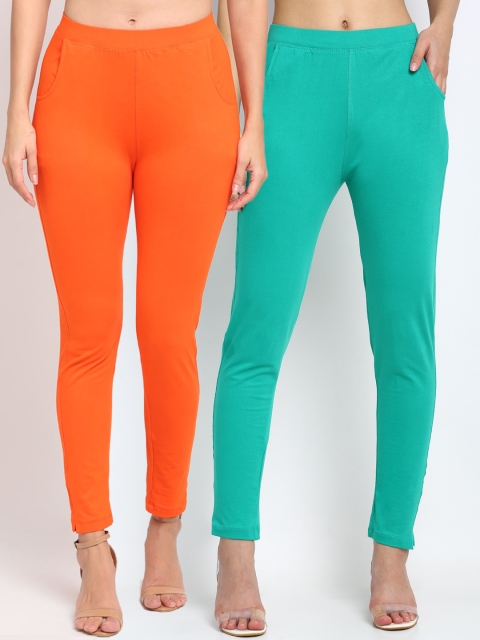 

NEUDIS Women Pack Of 2 Solid Slim-Fit Ankle-Length Leggings, Orange