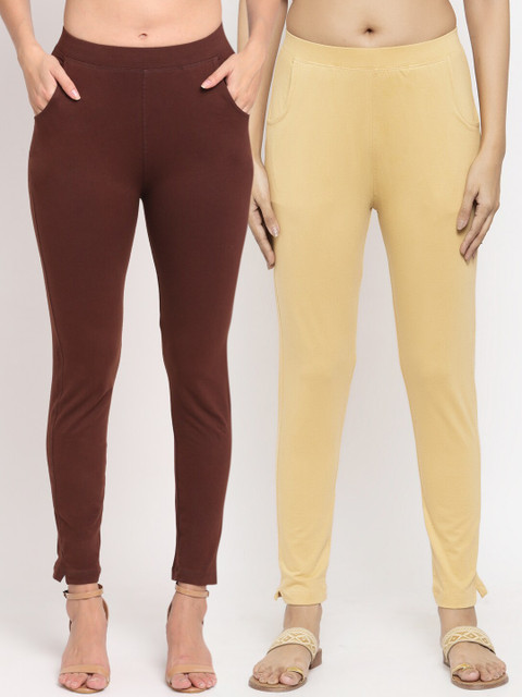 

NEUDIS Women Pack of 2 Brown & Beige Ankle Length Leggings