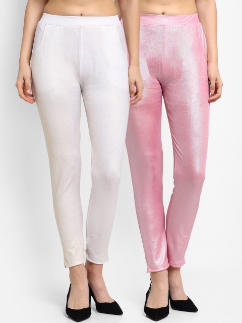 

NEUDIS Women Pack Of 2 White & Pink Solid Slim-Fit Ankle-Length Leggings