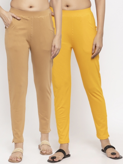 

NEUDIS Women Pack Of 2 Solid Slim-Fit Ankle-Length Leggings, Yellow