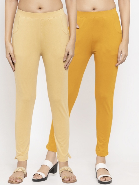 

NEUDIS Women Pack Of 2 Solid Ankle-Length Slim-Fit Leggings, Mustard