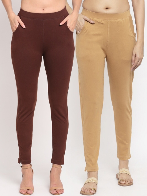 

NEUDIS Women Pack Of 2 Beige & Brown Solid Slim-Fit Ankle-Length Leggings