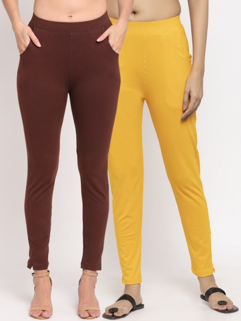 

NEUDIS Women Pack Of 2 Solid Ankle-Length Slim-Fit Leggings, Brown