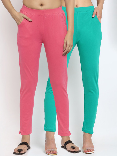 

NEUDIS Women Pack Of 2 Solid Slim-Fit Ankle-Length Leggings, Teal