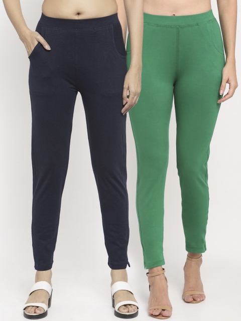 

NEUDIS Women Pack of 2 Green & Navy Blue Ankle Length Leggings