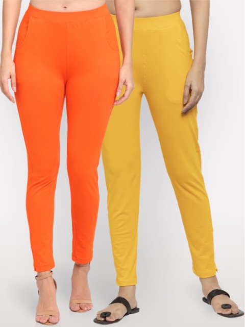 

NEUDIS Women Pack of 2 Orange & Yellow Ankle Length Leggings