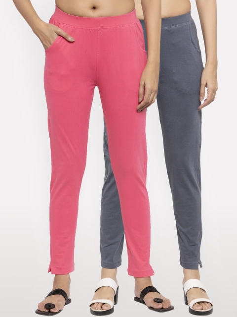 

NEUDIS Women Pack Of 2 Pink & Grey Solid Slim-Fit Ankle-Length Leggings