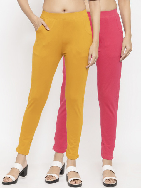 

NEUDIS Women Pack Of 2 Solid Slim-Fit Ankle-Length Leggings, Mustard