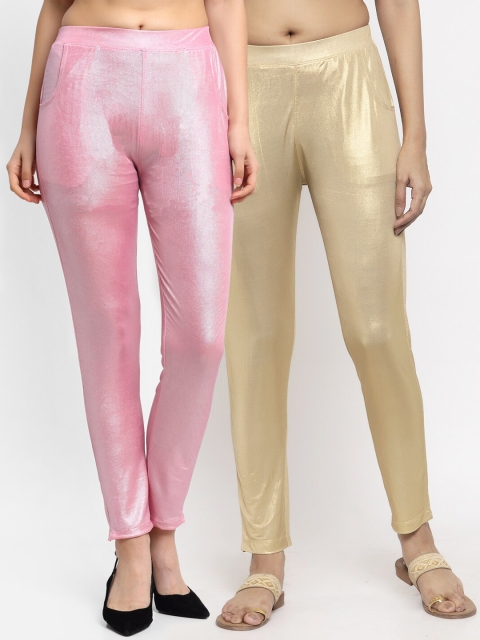 

NEUDIS Women Pack Of 2 Solid Slim-Fit Ankle-Length Leggings, Gold