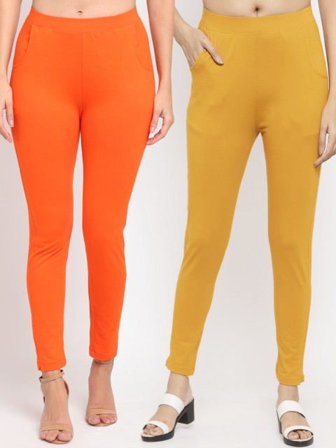 

NEUDIS Women Pack Of 2 Solid Slim-Fit Ankle-Length Leggings, Orange