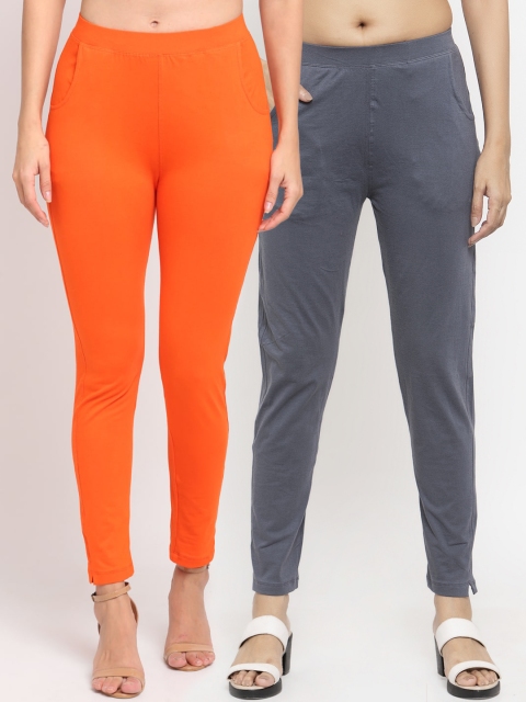 

NEUDIS Women Pack Of 2 Orange & Grey Solid Slim-Fit Ankle-Length Leggings