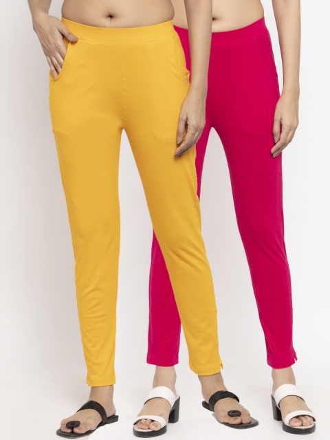 

NEUDIS Women Pack Of 2 Solid Ankle-Length Slim-Fit Leggings, Yellow