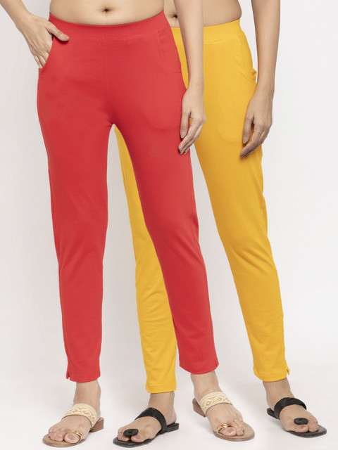 

NEUDIS Women Pack Of 2 Yellow & Red Solid Slim-Fit Ankle-Length Leggings