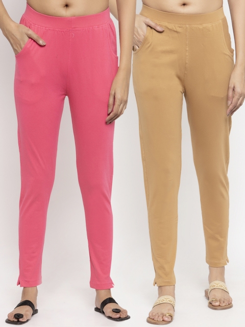 

NEUDIS Women Set of 2 Pink and Beige Solid Ankle Length Leggings