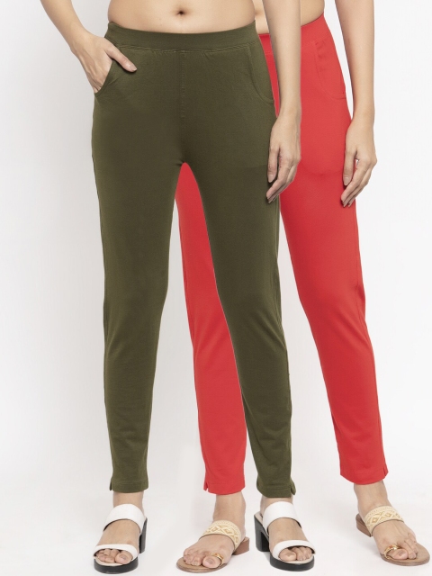 

NEUDIS Women Pack Of 2 Solid Slim-Fit Ankle-Length Leggings, Red