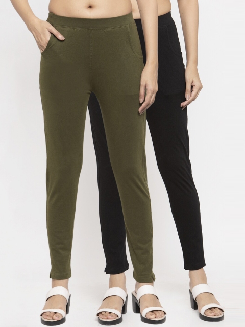 

NEUDIS Women Pack Of 2 Solid Slim-Fit Ankle-Length Leggings, Black