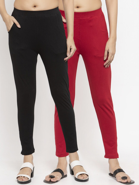 

NEUDIS Women Pack Of 2 Red & Black Solid Ankle-Length Slim-Fit Leggings