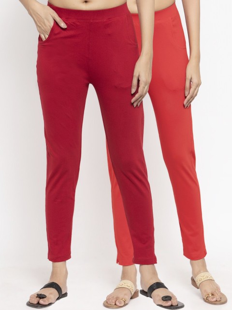 

NEUDIS Women Pack Of 2 Solid Slim-Fit Ankle-Length Leggings, Maroon