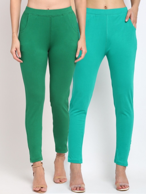 

NEUDIS Women Pack Of 2 Solid Ankle-Length Slim-Fit Leggings, Green