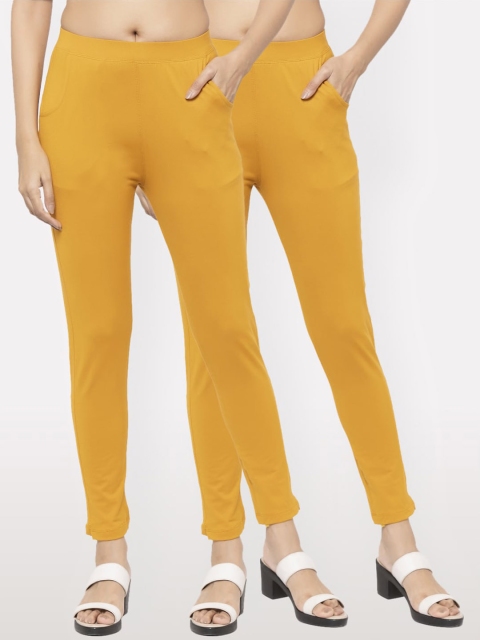 

NEUDIS Women Mustard-Yellow Pack Of 2 Solid Slim-Fit Ankle-Length Leggings