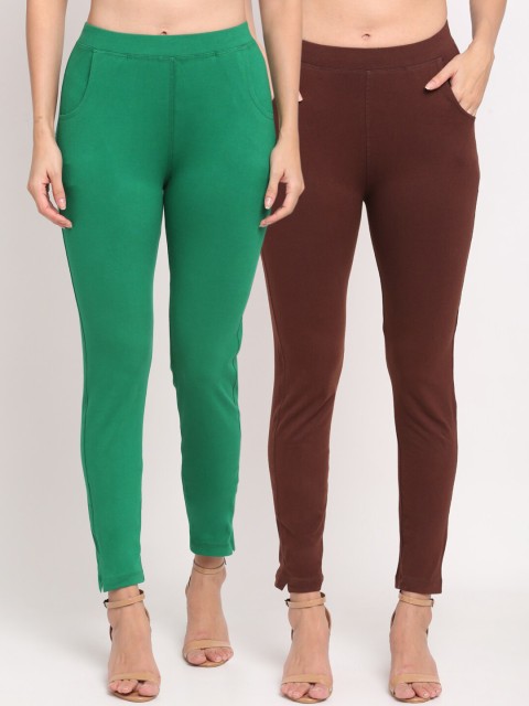 

NEUDIS Women Set of 2 Brown & Teal Cotton Lycra Ankle Length Kurti Pant