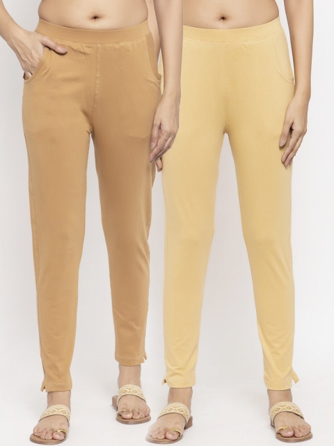 

NEUDIS Women Set of 2 Beige and Yellow Cotton Lycra Ankle Length Leggings