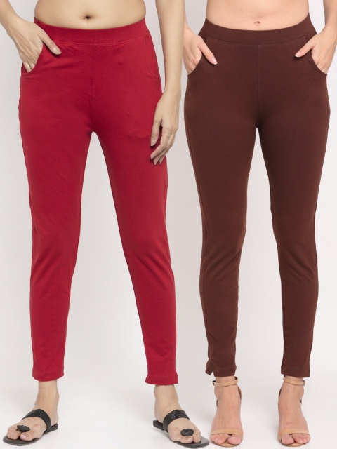 

NEUDIS Women Set of 2 Brown & Red Cotton Lycra Ankle Length Leggings