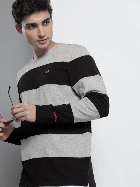 

Tommy Hilfiger Men Black & Grey Striped Organic Cotton T-shirt
