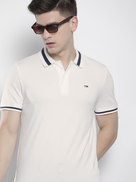 

Tommy Hilfiger Men White & Navy Blue Colourblocked Polo Collared Slim Fit T-shirt