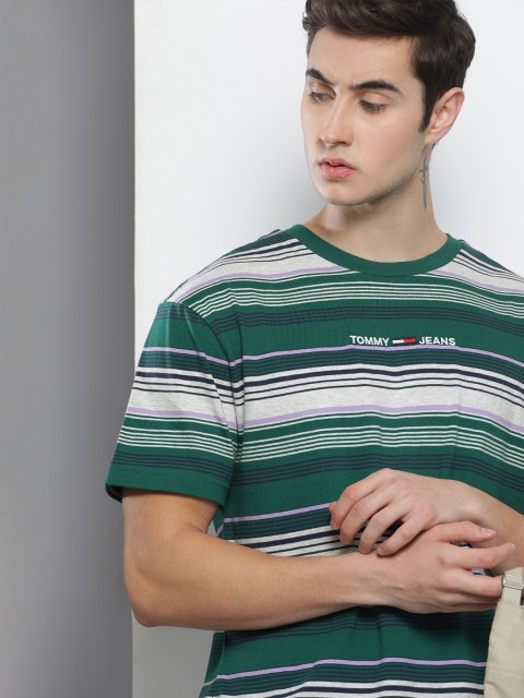 

Tommy Hilfiger Men Green & White Striped Pure Cotton T-shirt