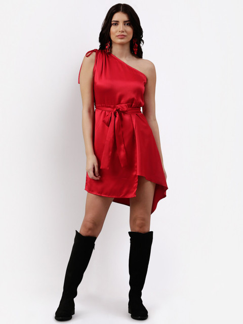 

NEUDIS Red One Shoulder Satin Dress