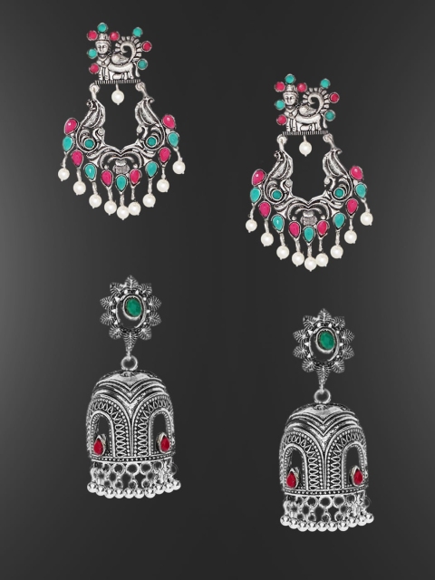 

OOMPH Set of 2 Silver-Toned Oxidised Contemporary Jhumkas Earrings