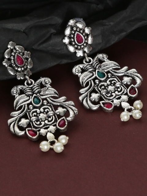 

OOMPH Silver-Toned Peacock Shaped Drop Earrings