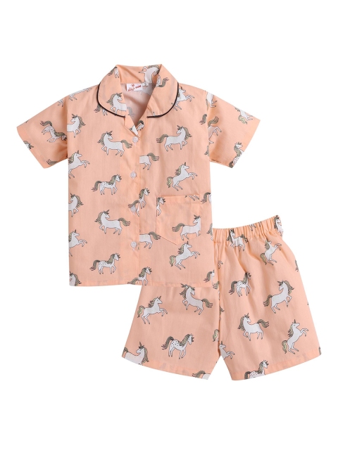 

Hopscotch Girls Peach-Coloured & White Printed Night suit