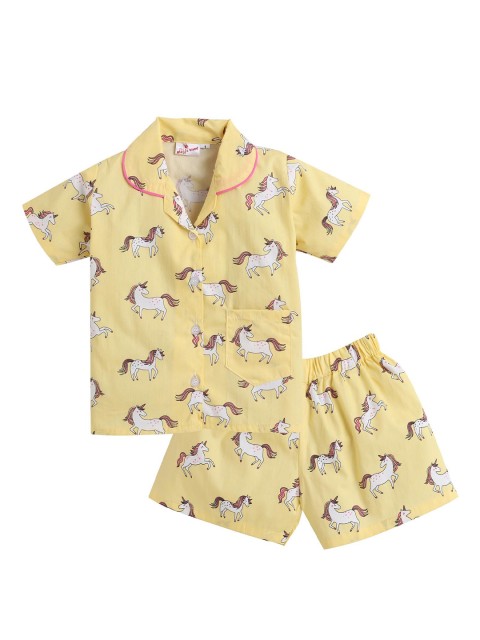 

Hopscotch Girls Yellow & White Printed Night suit