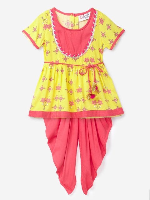 

Hopscotch Girls Yellow & Pink Printed Organic Cotton Kurta with Dhoti Pants