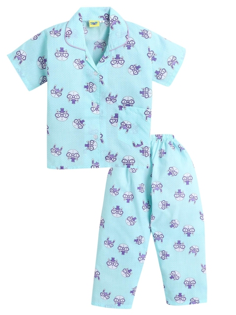 

Hopscotch Girls Blue Printed Organic Cotton Shirt & Pyjama Set, Green