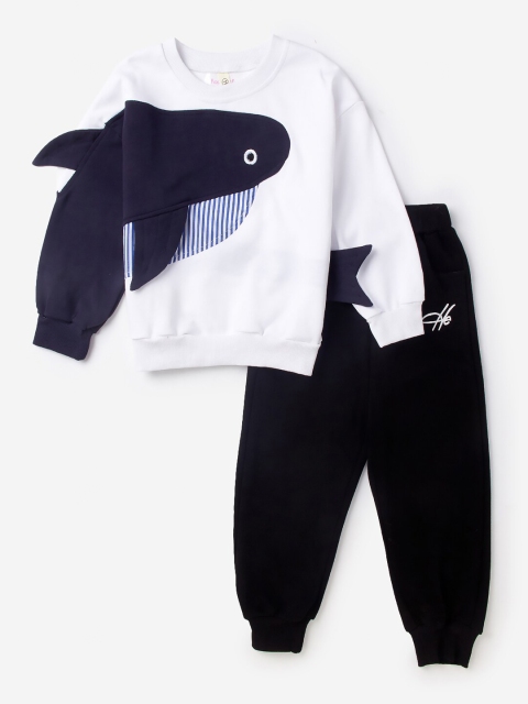 

Hopscotch Boys White & Navy Blue Printed Tracksuits