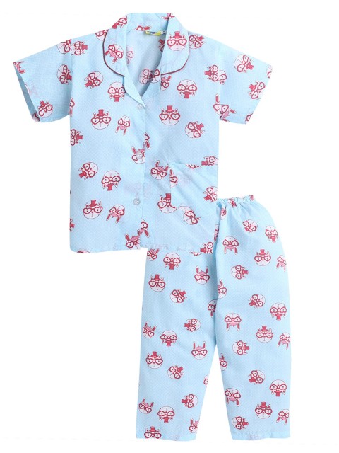

Hopscotch Girls Blue & Pink Printed Organic Cotton Night suit