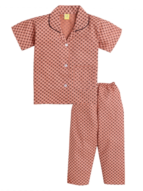 

Hopscotch Girls Peach-Coloured & White Printed Organic Cotton Night Suit