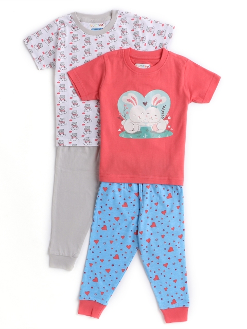 

Hopscotch Girls Pack of 2 Grey & Blue Printed Organic Cotton T-shirts with Joggers