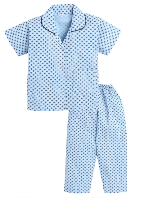 

Hopscotch Boys Blue & White Organic Cotton Printed Shirt with Pyjamas