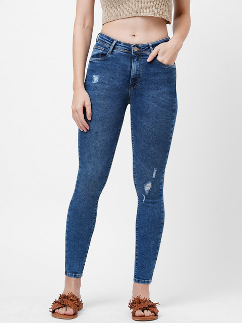 

Kraus Jeans Women Blue Skinny Fit High-Rise Low Distress Light Fade Stretchable Jeans