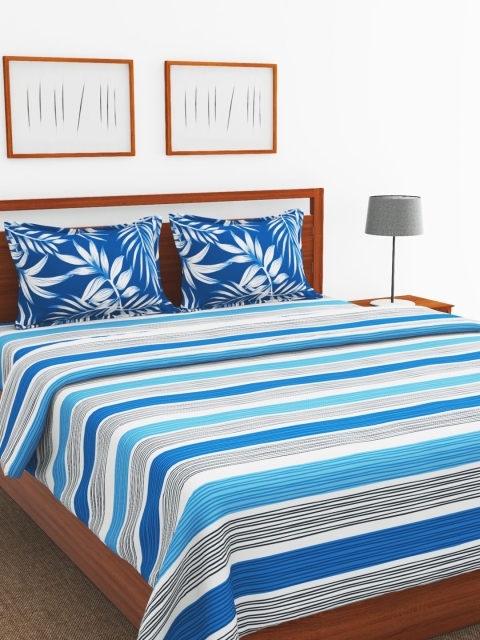 

BIANCA Blue & White Set of 4 Striped AC Room 150 GSM Double Bed Comforter & Bedsheets Set