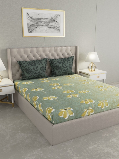 

Raymond Home Green & Yellow Floral 200 TC Cotton King Bedsheet with 2 Pillow Covers