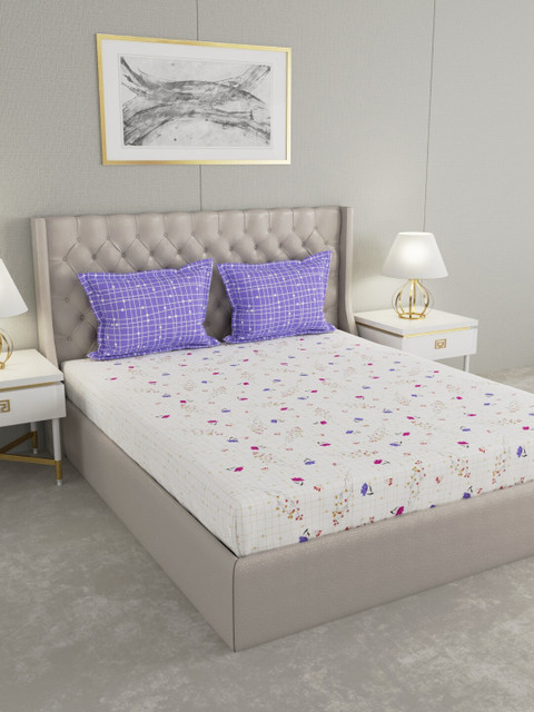 

Raymond Home White & Blue Floral 200 TC King Bedsheet with 2 Pillow Covers