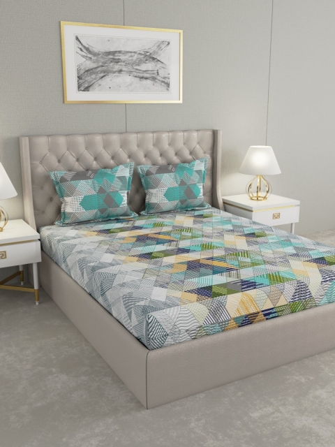 

Raymond Home Grey & Green Geometric 200 TC King Bedsheet with 2 Pillow Covers