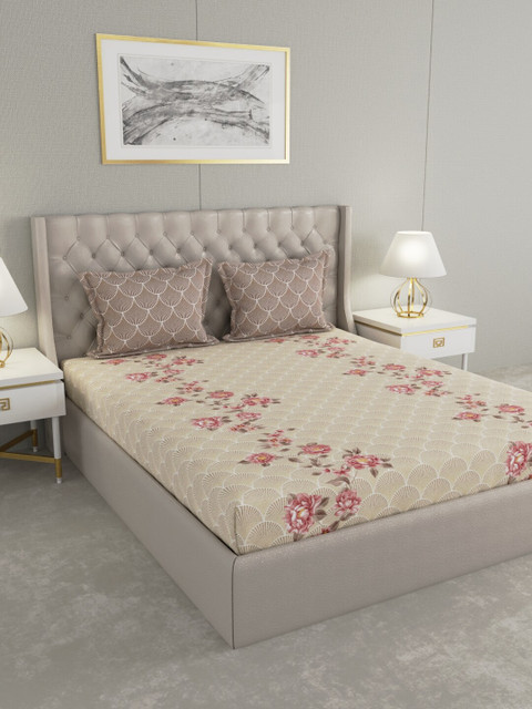 

Raymond Home Beige & Pink Floral 200 TC King Bedsheet with 2 Pillow Covers