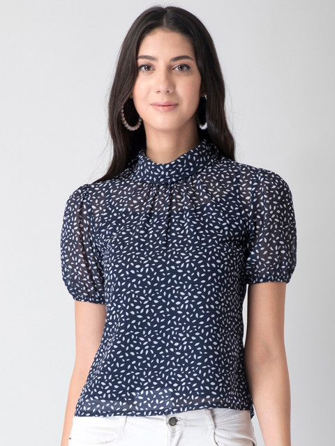 

FabAlley Blue & White Geometric Print Georgette Top